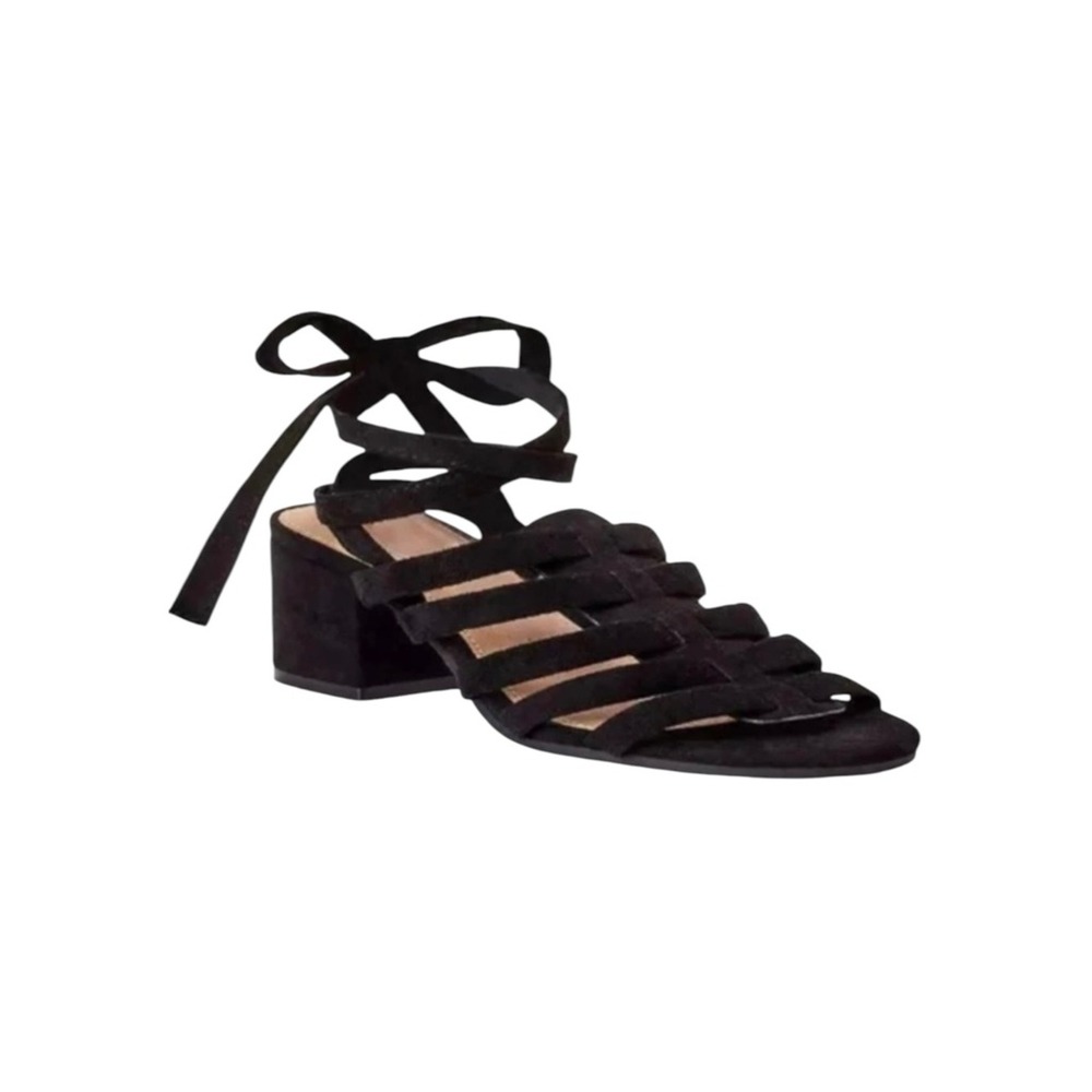 Scoop Black Faux Suede Strappy Wrap‎ Around Ankle Block Heel Sandals